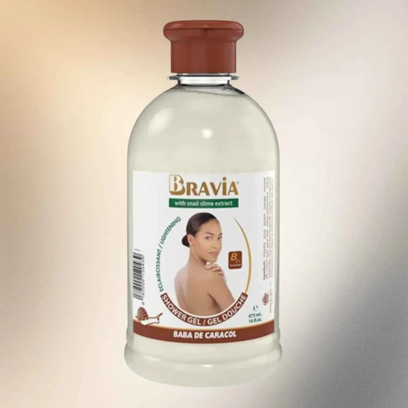 Bravia Snail Secretion Filtrate Body Wash 475ml bottle with label and pump dispenser, showcasing clear liquid and elegant packaging.