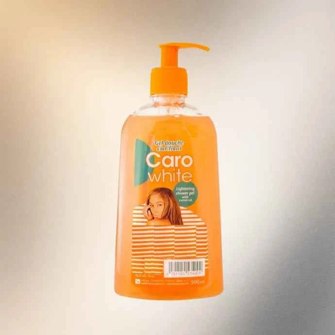 Caro White Body Wash with Carrot Oil 500ml, nourishing cleanser with orange liquid and white pump dispenser, bottle image.