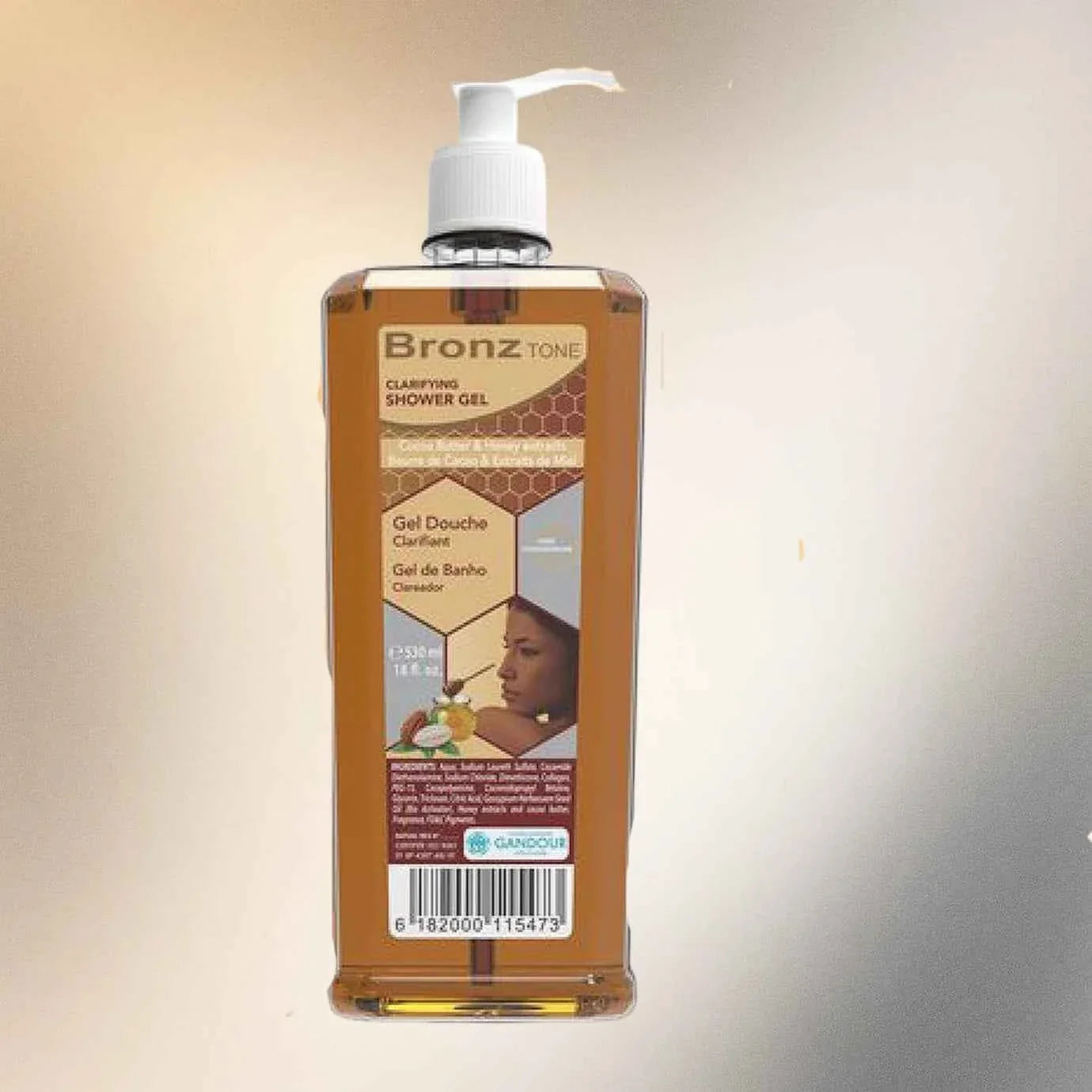 Bronz Tone refreshing shower gel in 530ml bottle, featuring a bronzed tone formula with a sleek design and vibrant packaging.