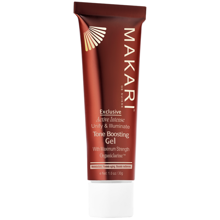 Makari Exclusive Active Intense Tone Boosting Gel in a brown squeeze tube with white and gold accents.