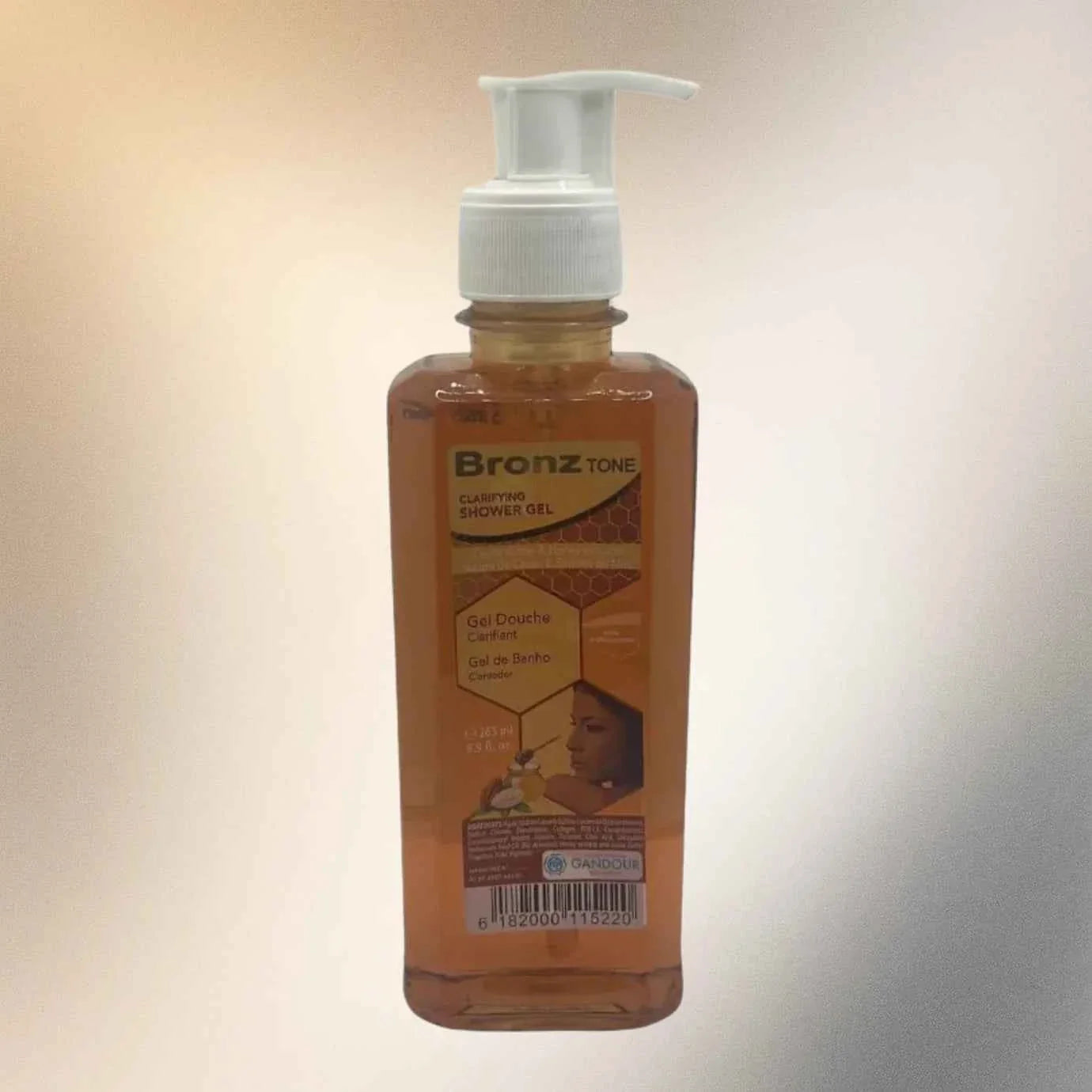 Bronz Tone refreshing shower gel in a 265ml bottle, featuring a bronze-colored packaging and a sleek, modern design.