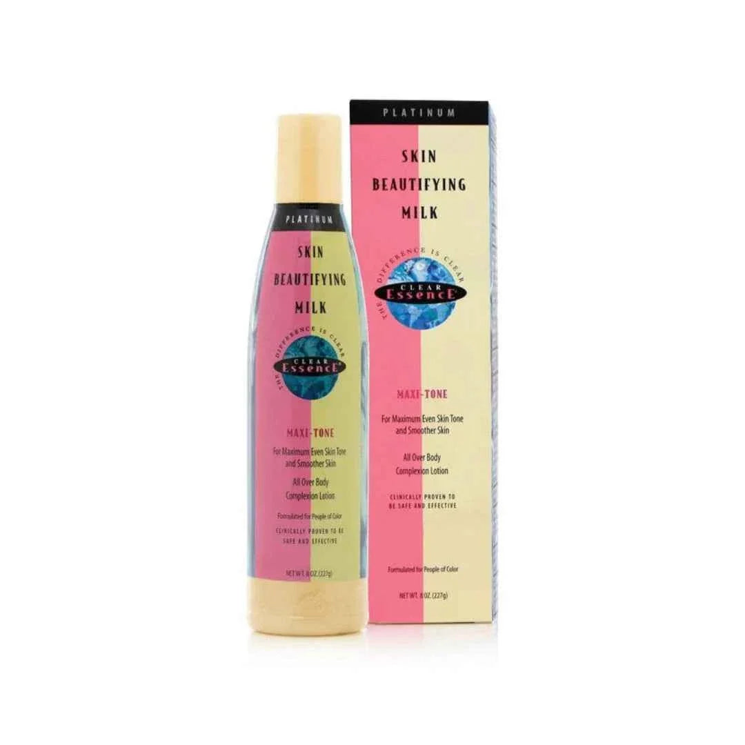 Clear Essence Platinum Maxi-Tone Skin Beautifying Milk in an 8 oz bottle, featuring a clear, smooth liquid with the Platinum branding.