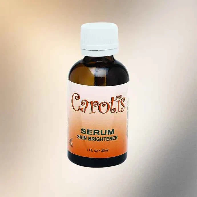 Carotis Carotis Serum 1 oz bottle with white label and pump dispenser, close-up shot showing the product on a neutral background.