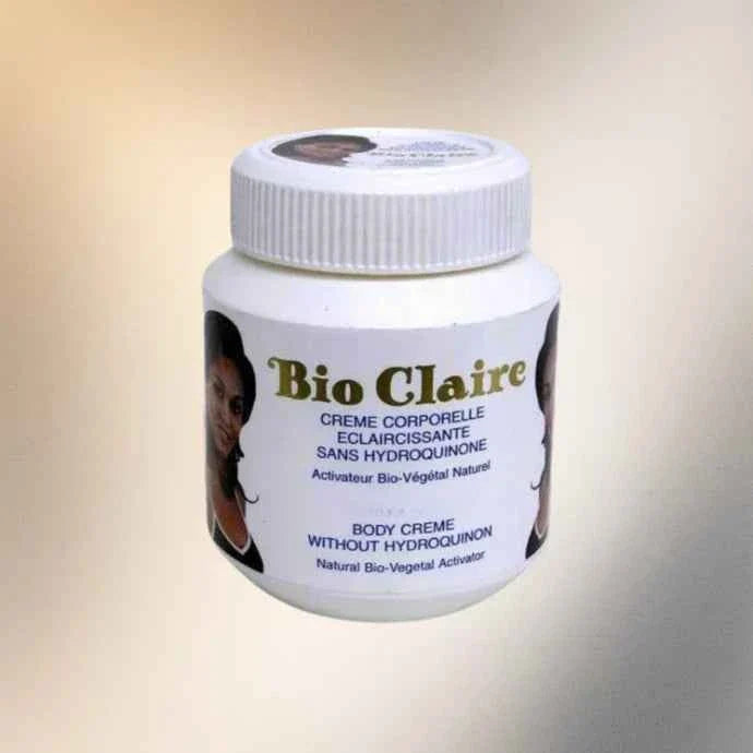 Bio Claire body cream jar with 300 ml size, showing a white cream inside a clear plastic jar with a white lid.