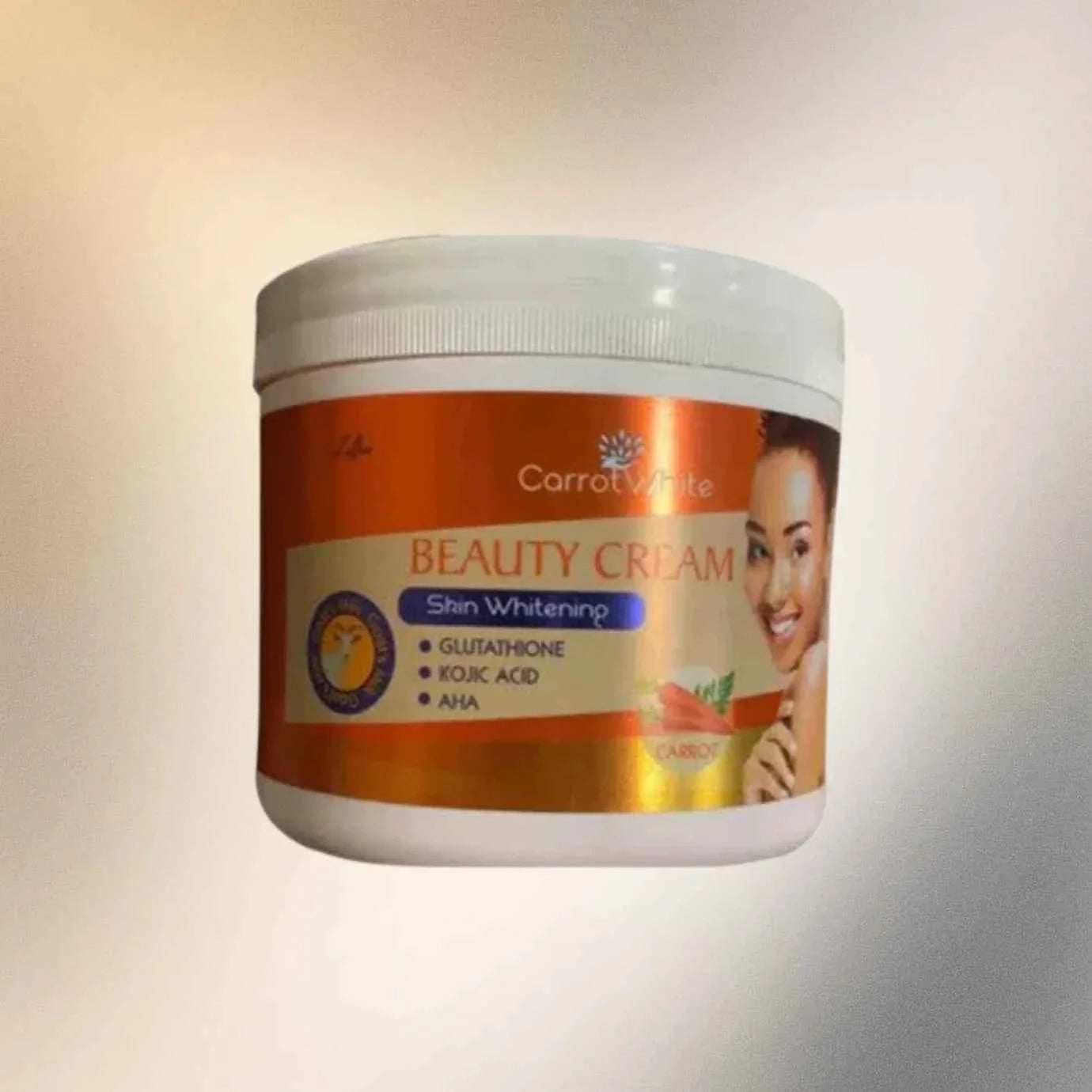 Carrot White Beauty Cream 500ml nourishing daily skin cream jar with white label and orange carrot logo, close-up view