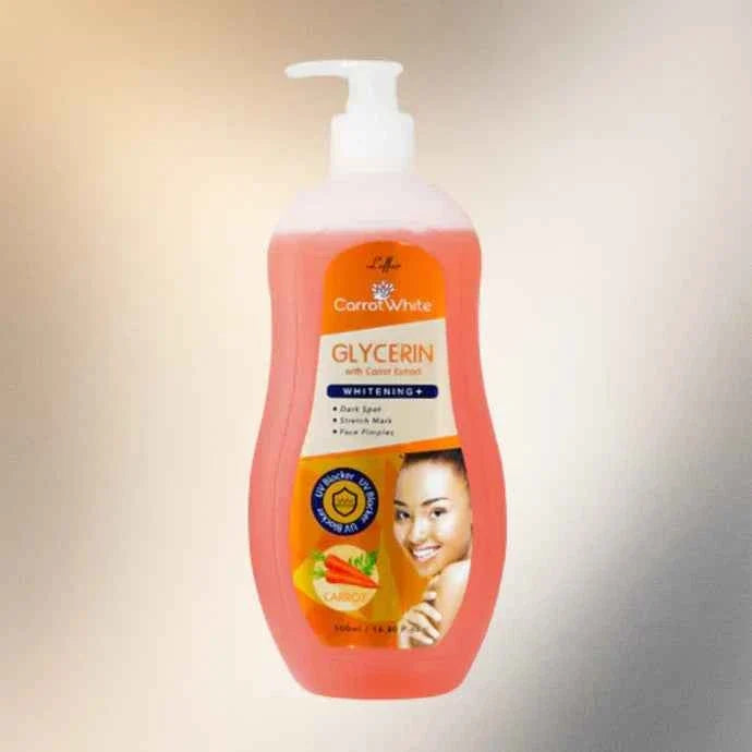 Carrot White Glycerin with Carrot Extract 500ml bottle, clear liquid, label showing carrot imagery, natural skincare product