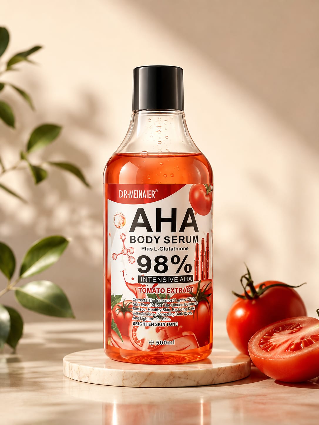 Dr. Meinaier AHA Body Serum 500ml in a clear pump bottle with a white label and black cap, shown on a plain background.
