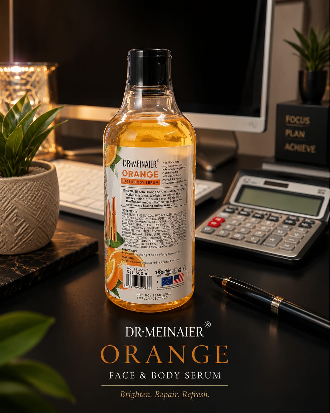 Dr. Meinaier Orange Body Serum bottle, 500ml, with orange-colored label and pump dispenser, displayed on a clean background.