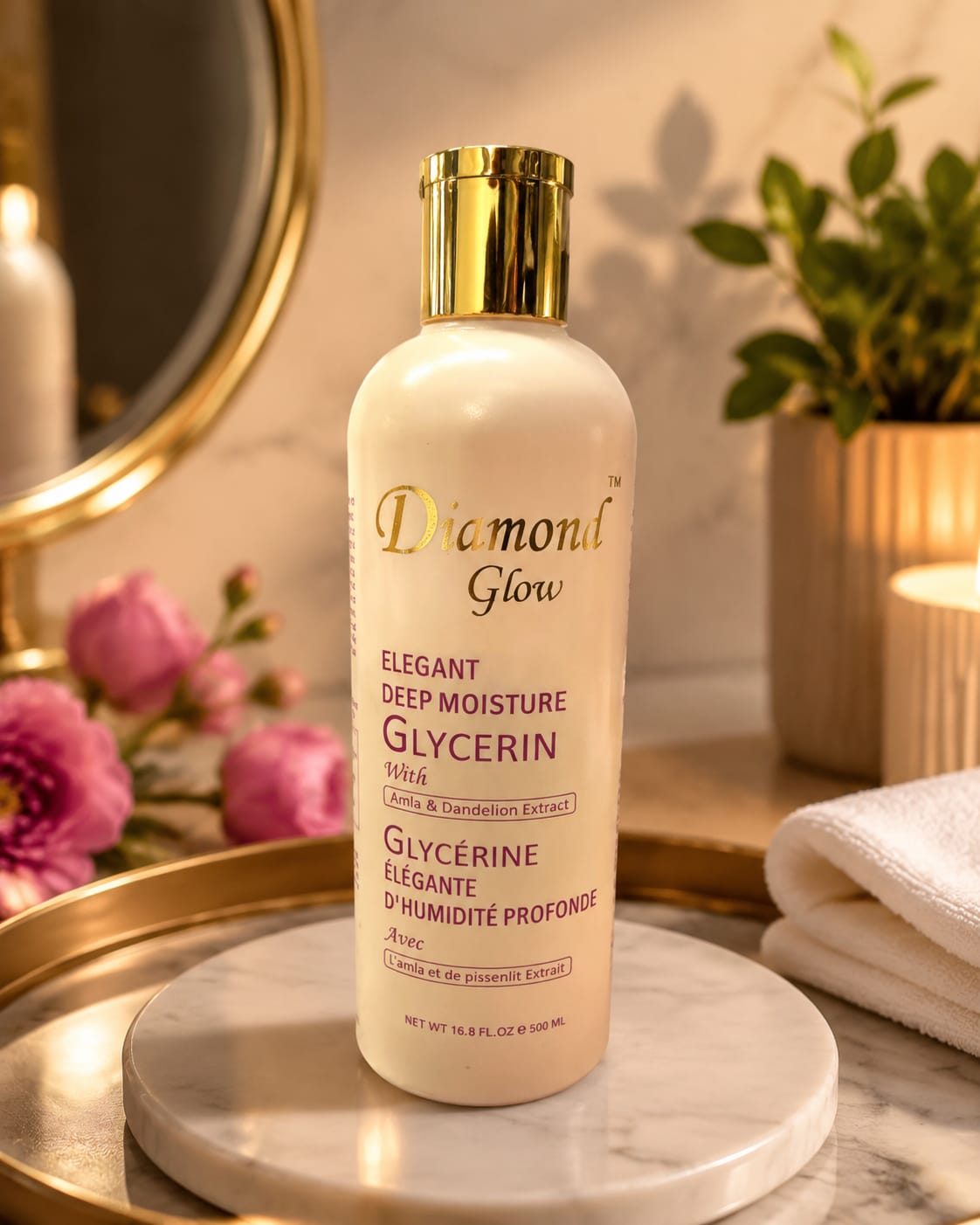 Diamond Glow Diamond Glow Elegant Deep Moisture Glycerin 500ml bottle with clear label and transparent cap on a white background.