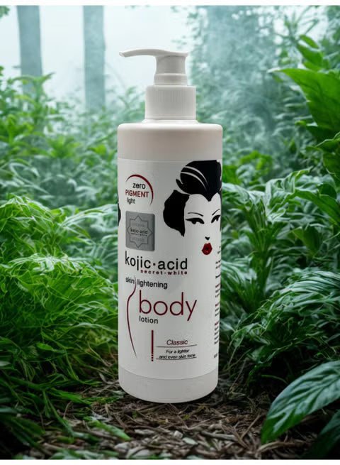 Kojic Acid Secret-White Body Lotion Classic bottle with white and gold label, showcasing the product for skin brightening.