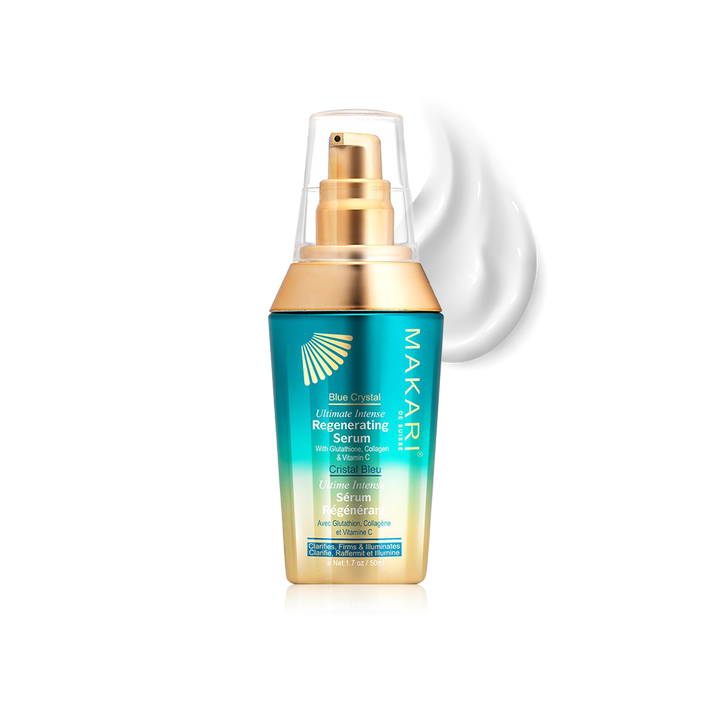 Makari Blue Crystal Serum bottle with blue crystal design and dropper applicator for skincare.