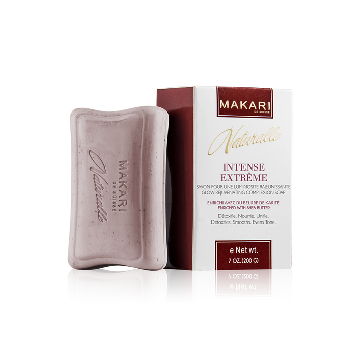 Makari Naturalle Intense Extreme soap bar with natural ingredients and sleek packaging, designed for skin whitening and brightening.