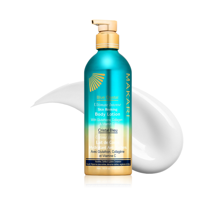 Makari Blue Crystal lotion bottle featuring a sleek blue design and clear label, showcasing the moisturizing skincare product.