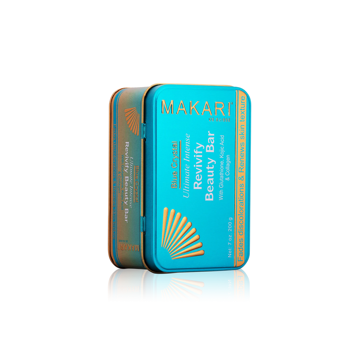 Makari Blue Crystal soap bar with blue and white packaging, showcasing the luxurious skincare product.