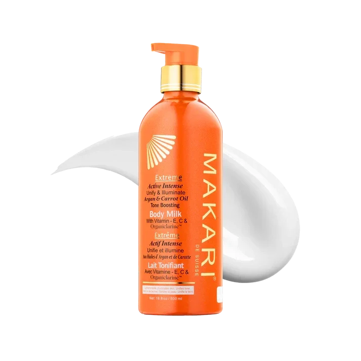 Makari Extreme Argan and Carrot Oil lotion in a transparent container, showcasing the smooth, nourishing skincare product.