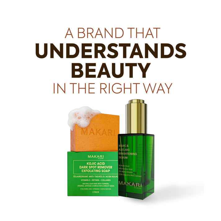 Bar of Makari Kojic Acid soap with natural ingredients, showcasing its smooth, white surface suitable for skin brightening.
