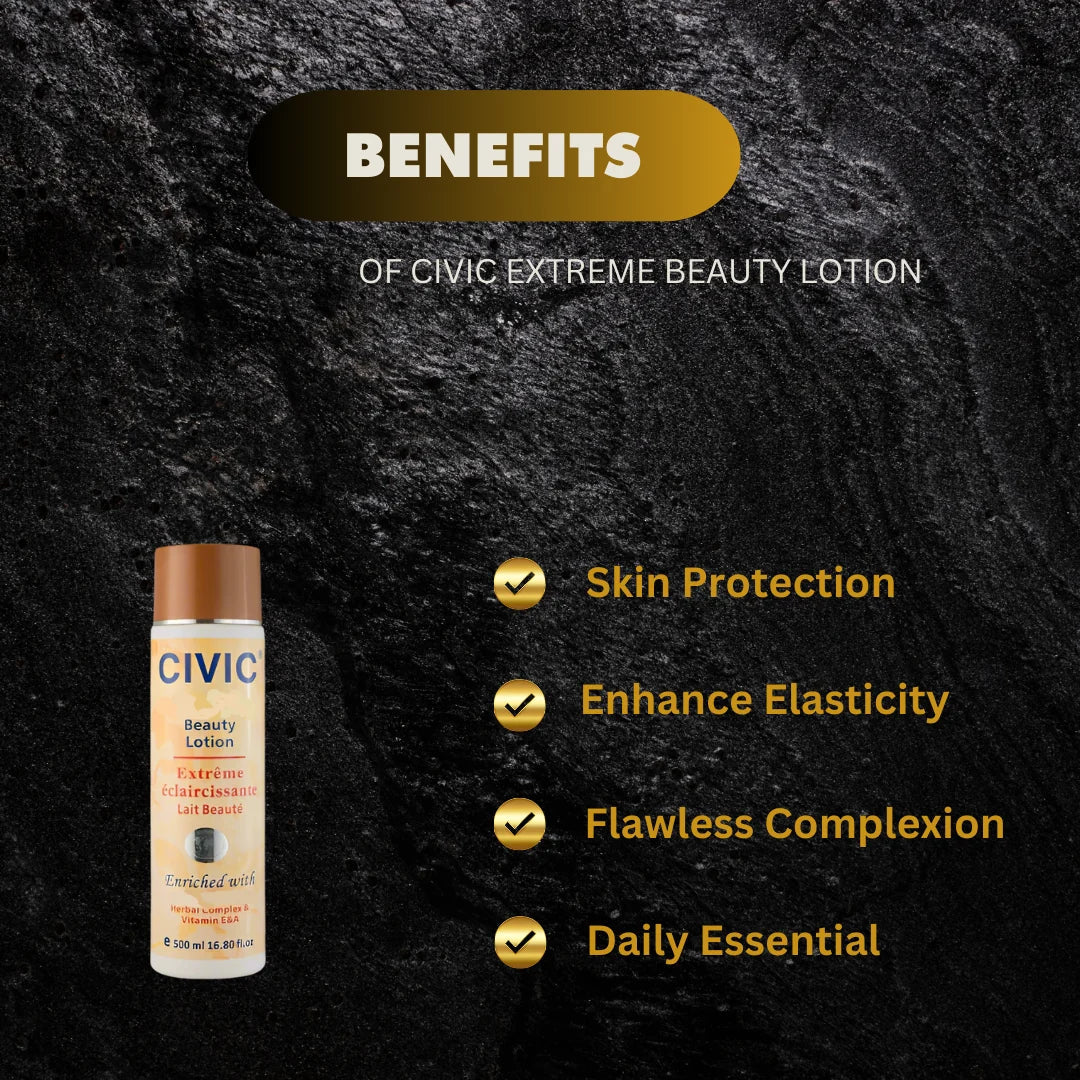 Civic Extreme Beauty Lotion 16.8 oz bottle with pump dispenser, creamy texture, and label featuring the Civic brand.