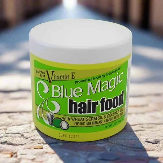 Blue Magic Hair Food with Wheat Germ and Coconut in 12oz jar, showcasing the blue container and product label.