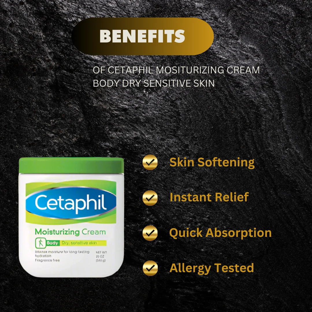 Cetaphil Moisturizing Cream for dry and sensitive skin in a 20 oz jar, with white cream visible inside.