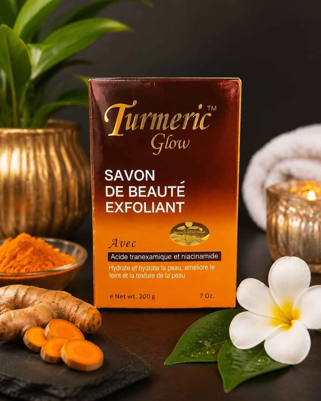 Turmeric Glow beauty soap with turmeric extract and niacinamide, 200g bar showing golden soap with turmeric roots and label