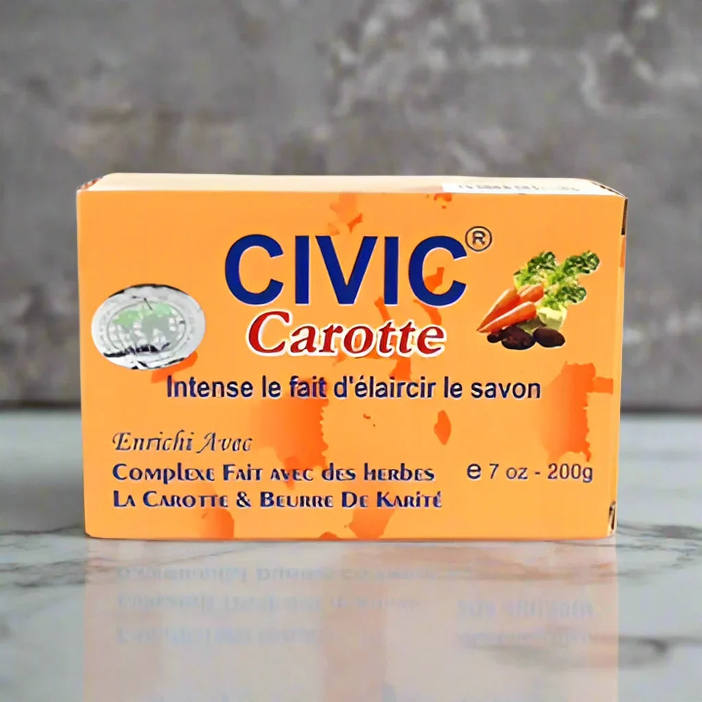 Civic Carrot Intense Beauty Soap with carrot and shea butter, 7 oz, showing the soap bar with fresh ingredients and packaging.
