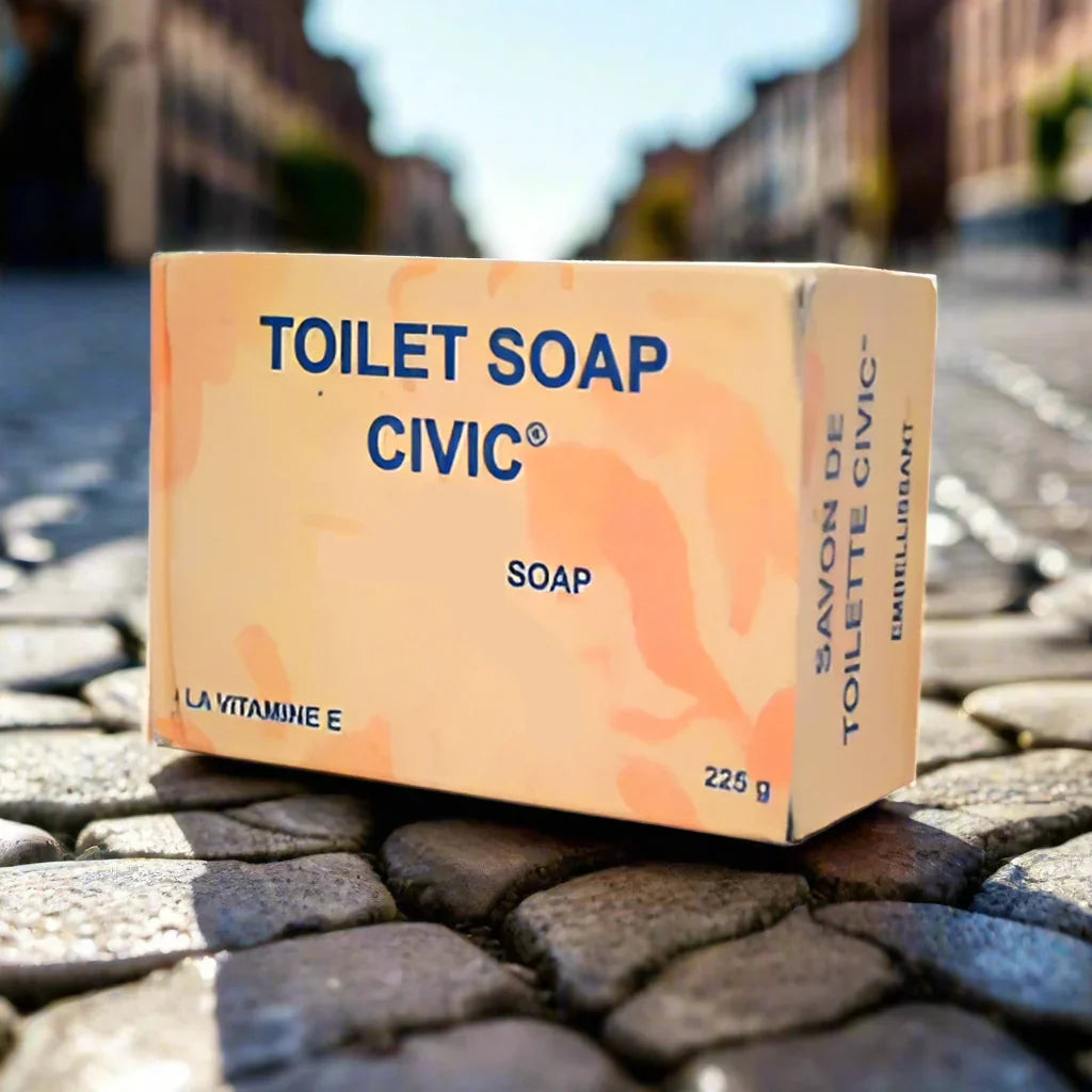 Civic Toilet Soap 225g bar with white packaging, showing the soap's smooth surface and brand label for hygiene and freshness.