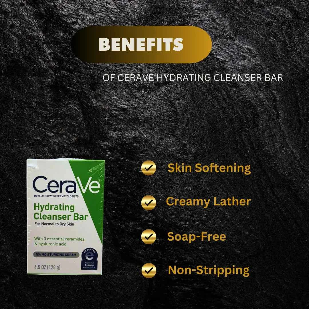 CeraVe Hydrating Cleanser Bar with ceramides and hyaluronic acid, shown in its packaging on a clean background.