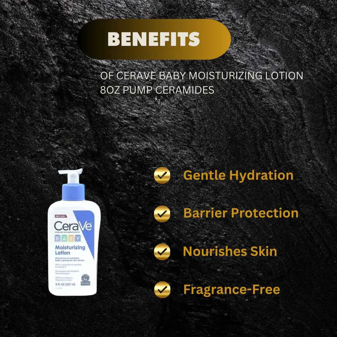 CeraVe Baby Moisturizing Lotion with ceramides and hyaluronic acid, 8 oz pump bottle, suitable for gentle baby skin hydration