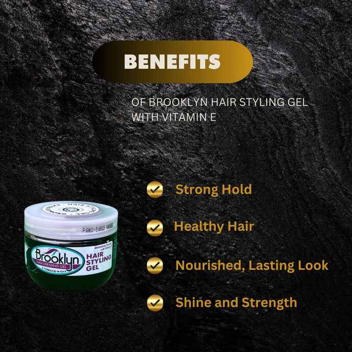 Brooklyn Hair Styling Gel with Vitamin E in 100ml container, showing the clear gel and branding on the packaging.