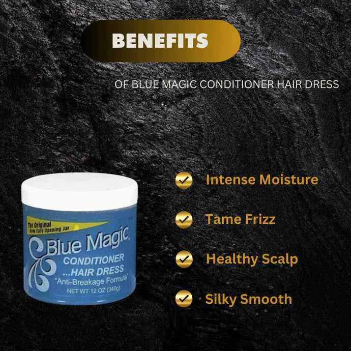 Blue Magic Conditioner Hair Dress 12oz bottle, featuring blue and white packaging, designed for nourishing and styling hair.