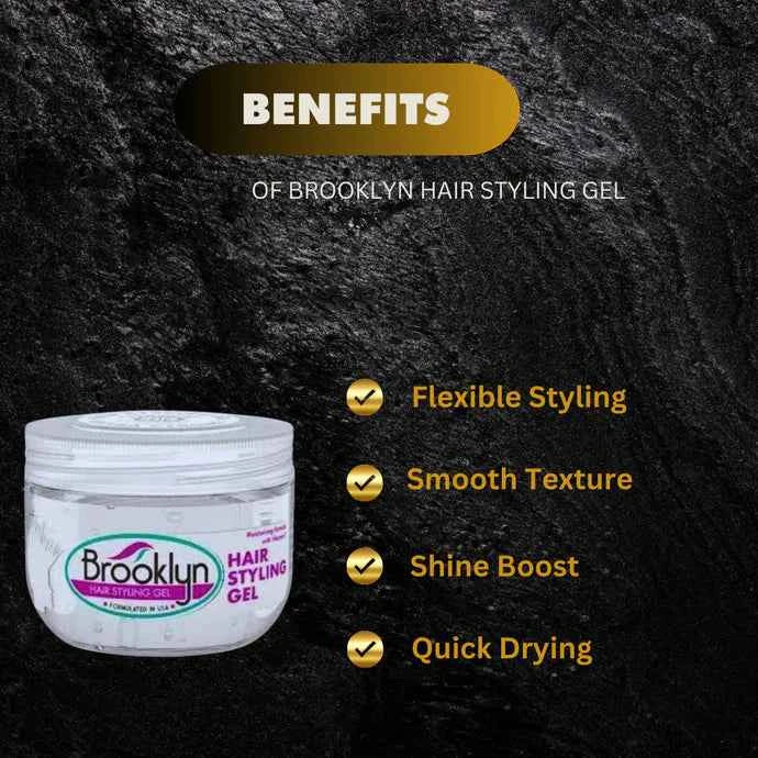 Brooklyn Hair Styling Gel in 100ml bottle, clear gel with smooth texture, suitable for shaping and hold styled hair.