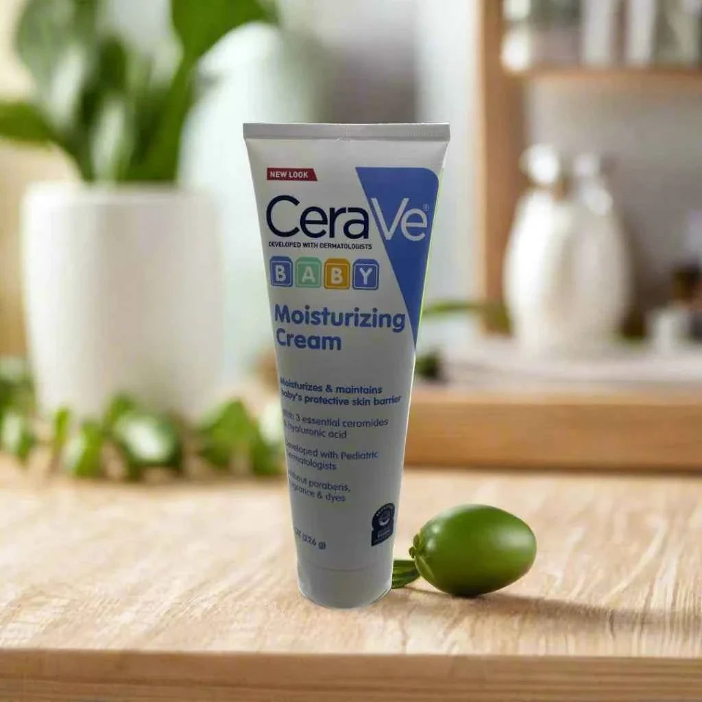 CeraVe Baby Moisturizing Cream with ceramides and hyaluronic acid, 5 oz, showing the cream in a white jar with a blue lid.