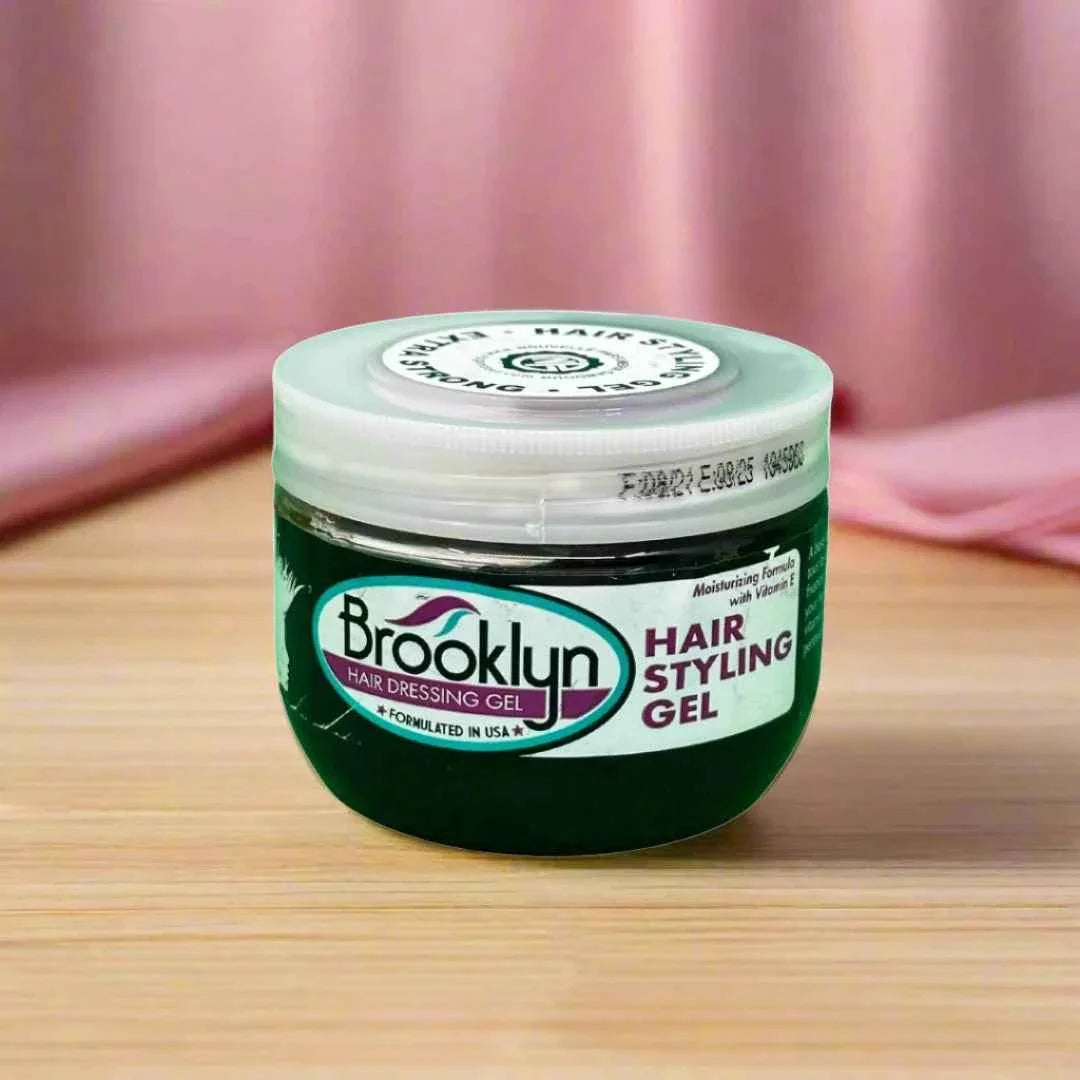 Brooklyn Hair Styling Gel with Vitamin E in a 100ml bottle, showing the gel and branding on the packaging.