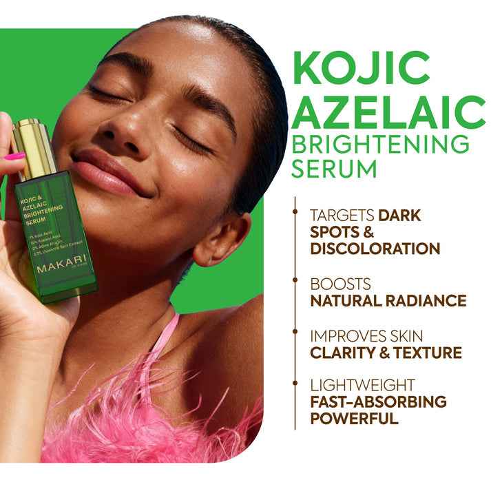 Bazarora Makari Kojic Acid serum in a clear glass bottle with a dropper for skin brightening and dark spot reduction.