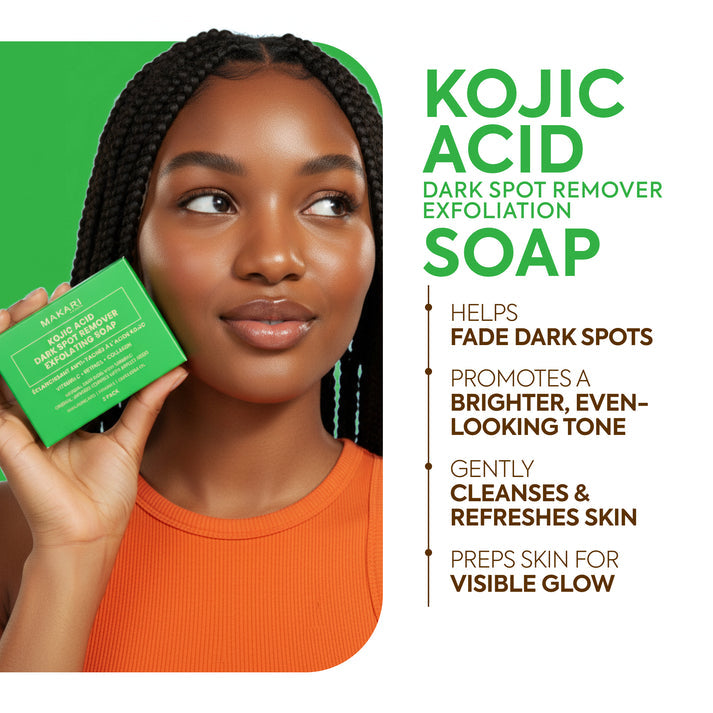 Bazarora Makari Kojic Acid soap bar with whitening and skin brightening properties, displayed on a clean surface.