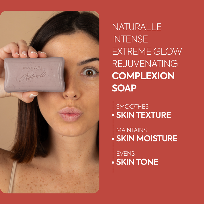 Makari Naturalle Intense Extreme soap bar with natural ingredients and moisturizing formula, displayed in a close-up image.