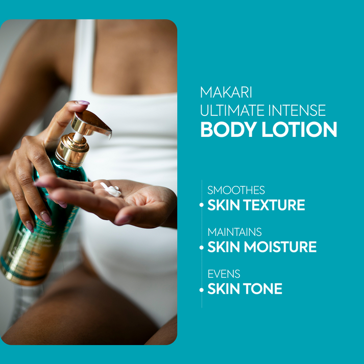 Makari Blue Crystal lotion bottle featuring a sleek blue design, moisturizing skincare product for smooth, radiant skin.