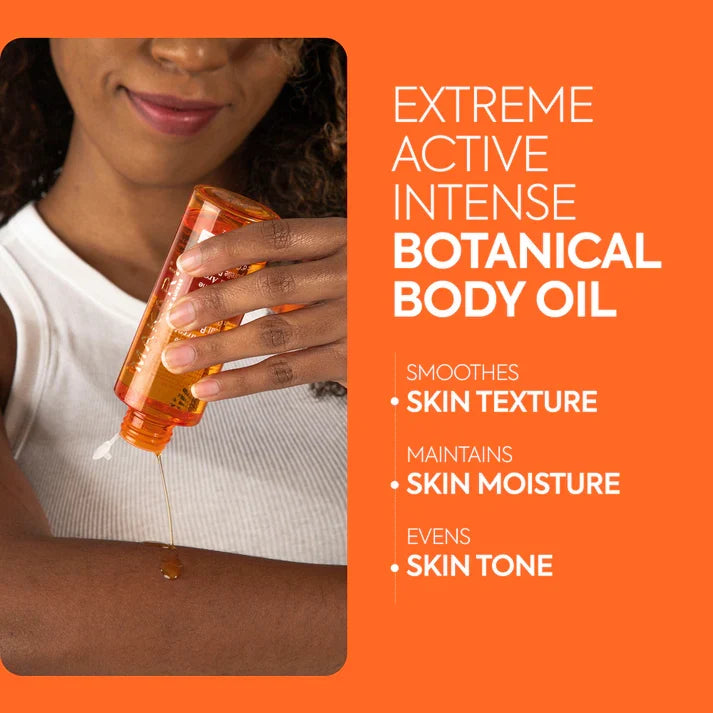 Makari Extreme Argan & Carrot Body Oil bottle with a pump dispenser on a white background.