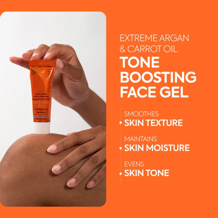 Makari Extreme Argan and Carrot Oil gel in a clear container, showcasing the smooth, golden gel texture of the skincare product.