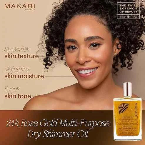 Makari 24K rose gold oil in a clear bottle with a gold cap, showcasing the luxurious golden liquid inside.