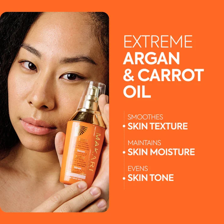 Makari Extreme Argan and Carrot Oil serum in a glass bottle with a dropper, showcasing a skincare product for nourishing skin and hair.