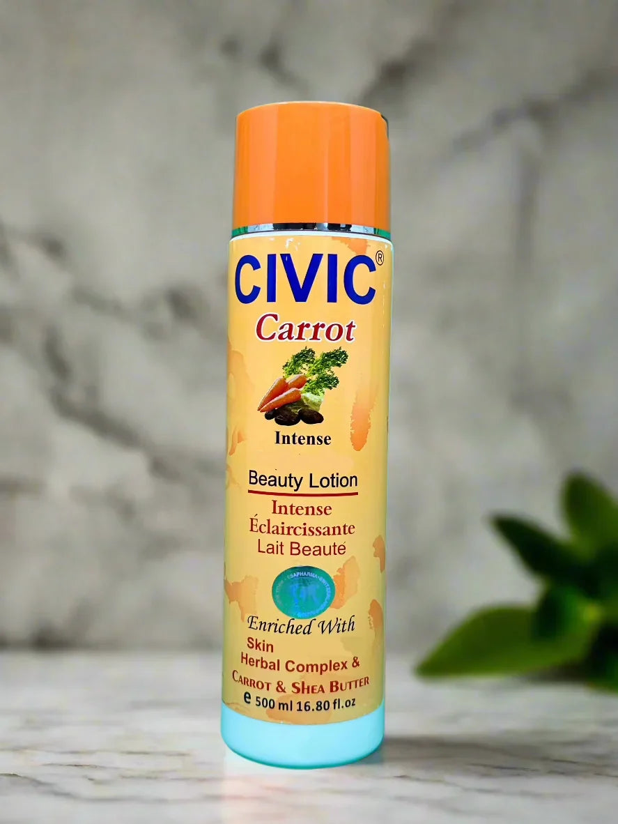 Civic Carrot Beauty Lotion bottle with 16.8 oz label, featuring a sleek design and vibrant orange accents on the packaging.