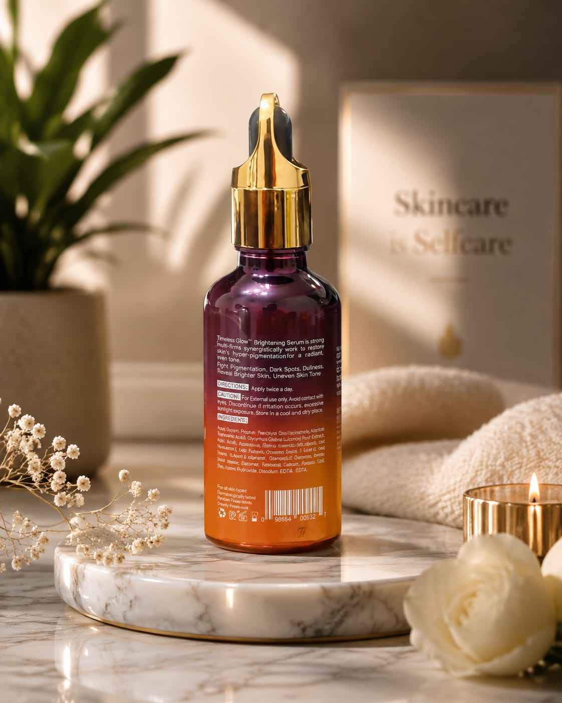 Turmeric Glow Beauty Serum in a glass dropper bottle, featuring a bright yellow-orange liquid for daily skincare.