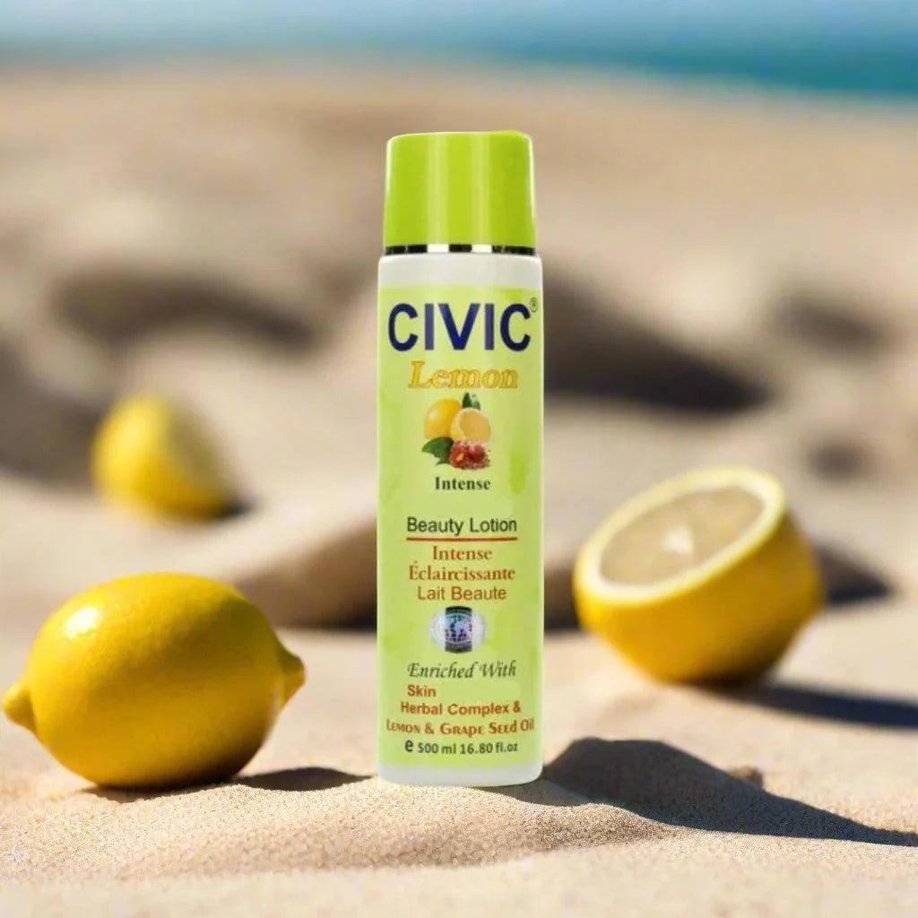 Civic Lemon Beauty Lotion bottle, 16.8 oz, featuring a clear label with lemon imagery and a pump dispenser for skin moisturizing.