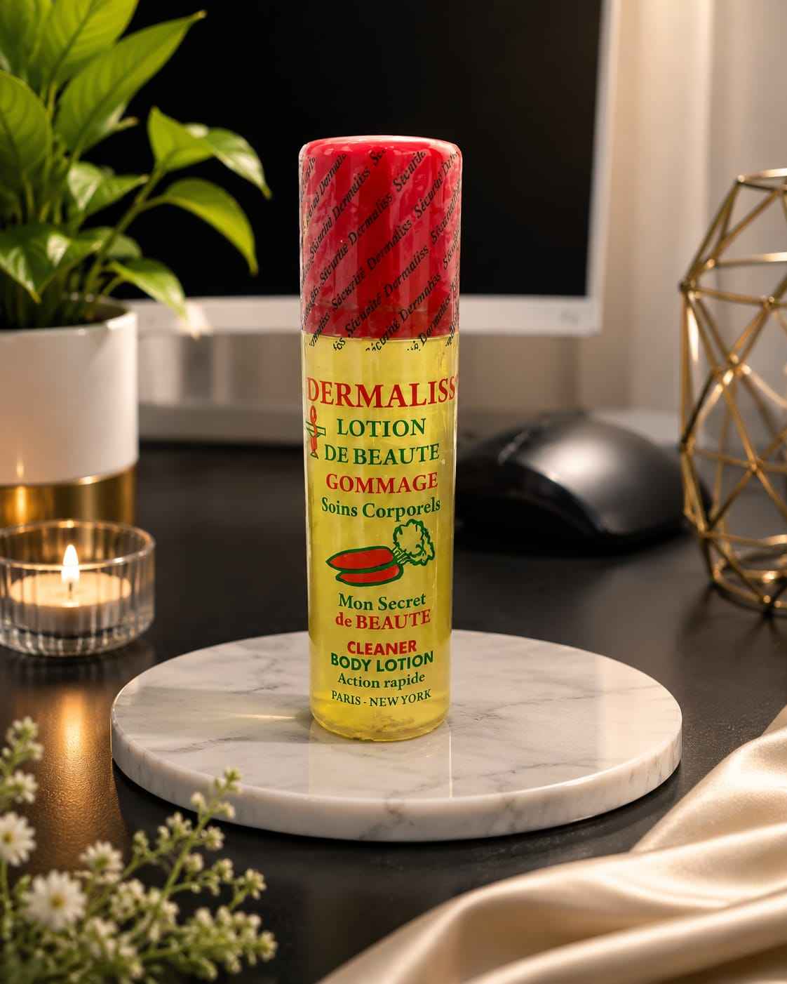 Dermaliss Beauty Lotion and Cleanser for face and body in a 250ml bottle, featuring a clear liquid with a pump dispenser.