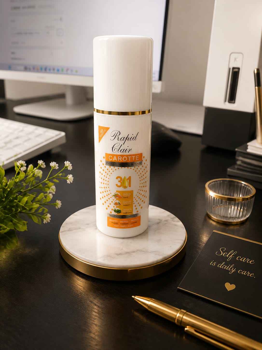 Rapid Clair Carrot, Turmeric & Moringa Face & Body Serum bottle with pump, showcasing the product packaging and label.