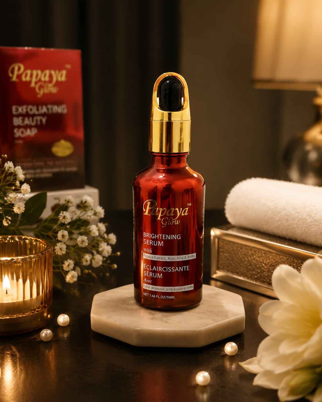 Papaya Glow Beauty Serum 50ml bottle with dropper, showcasing vibrant papaya extract for daily skincare and brightening.