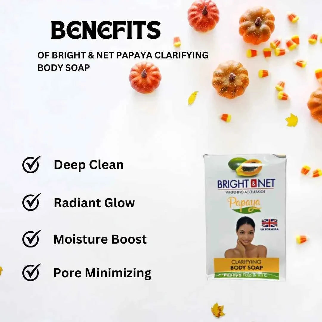 Bright & Net Papaya Body Soap 190g bar with bright orange packaging, showcasing the soap's smooth, rectangular shape and vibrant design.