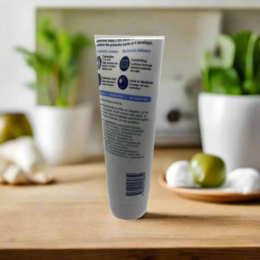 CeraVe Baby Moisturizing Cream in a 5 oz jar with a white lid, featuring gentle ingredients for sensitive baby skin.