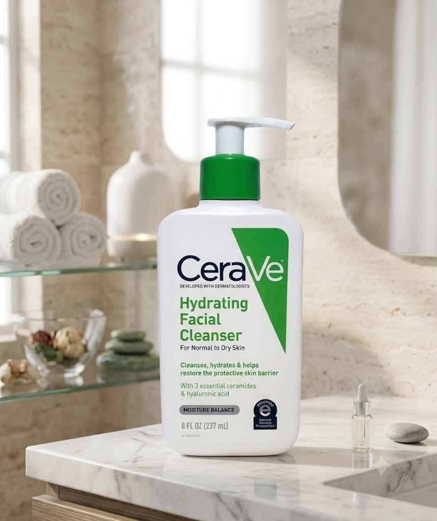 CeraVe Hydrating Facial Cleanser for normal to dry skin in 8 fl oz bottle, with ceramides, gentle and hydrating skin care.